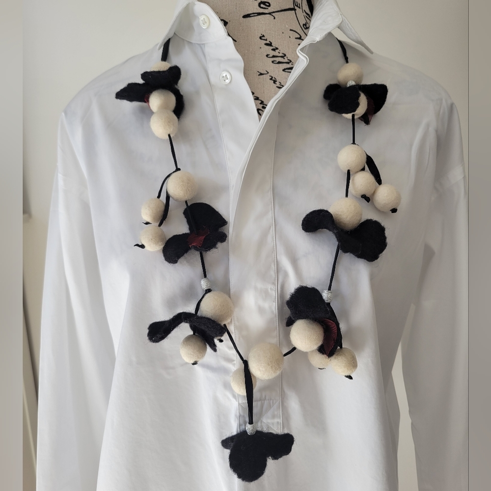 Unique Wool Felted Necklace, White & Black. OS